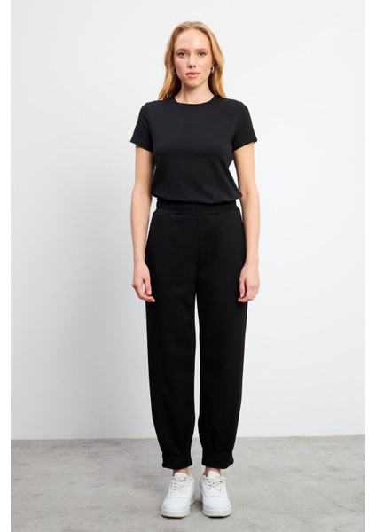 Mary Regular Fit Paçası Detaylı Yumuşak Dokulu Jogging Pantolon(Cupro) - Siyah