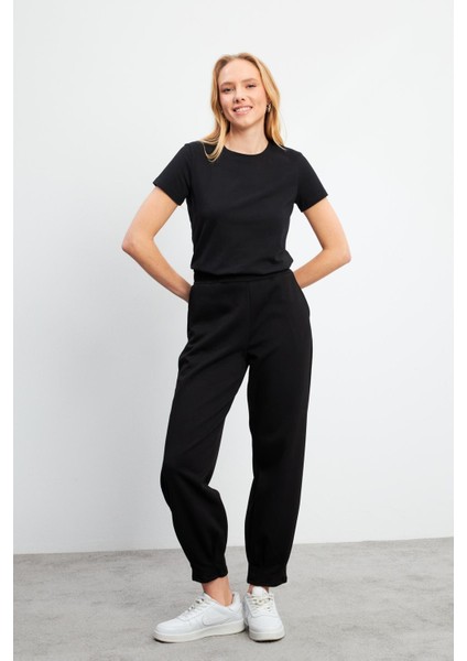 Mary Regular Fit Paçası Detaylı Yumuşak Dokulu Jogging Pantolon(Cupro) - Siyah