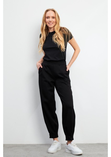 Mary Regular Fit Paçası Detaylı Yumuşak Dokulu Jogging Pantolon(Cupro) - Siyah