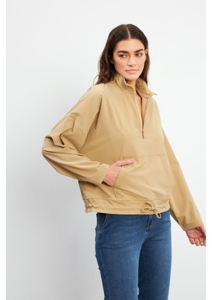 Kadın Yarım Fermuarlı Paraşüt Sweatshirt - Bej modelleri
