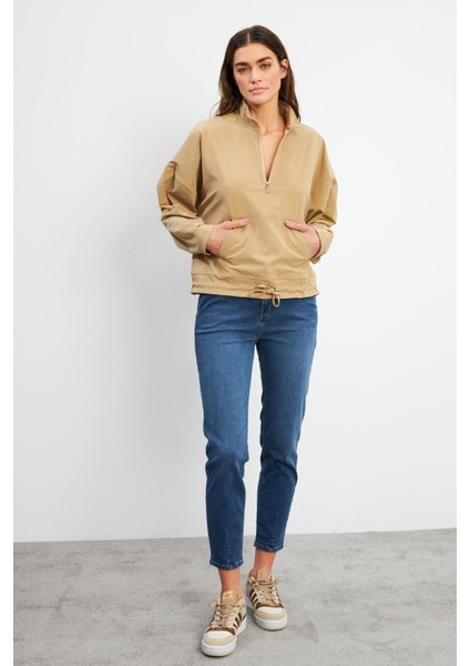 Kadın Yarım Fermuarlı Paraşüt Sweatshirt - Bej fırsatları