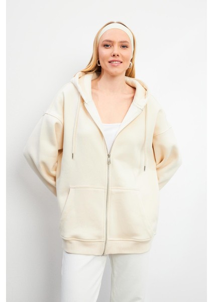 Sallina Kapüşonlu Fermuarlı Oversize Sweatshirt - Kemik