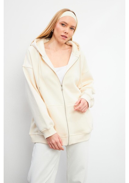 Sallina Kapüşonlu Fermuarlı Oversize Sweatshirt - Kemik modelleri