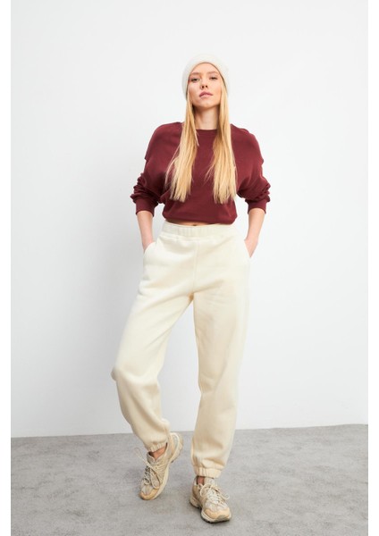 Beli Lastikli Oversize Jogging Pantolon - Kemik