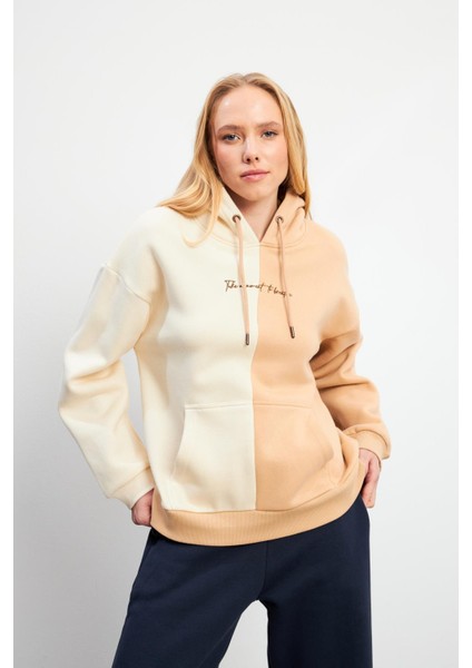 Parçalı Oversize Sweatshirt - Kemik - Bej indirimleri