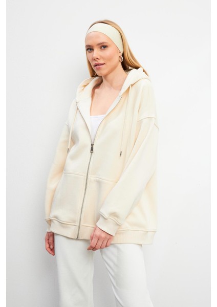 Sallina Kapüşonlu Fermuarlı Oversize Sweatshirt - Kemik fiyatları