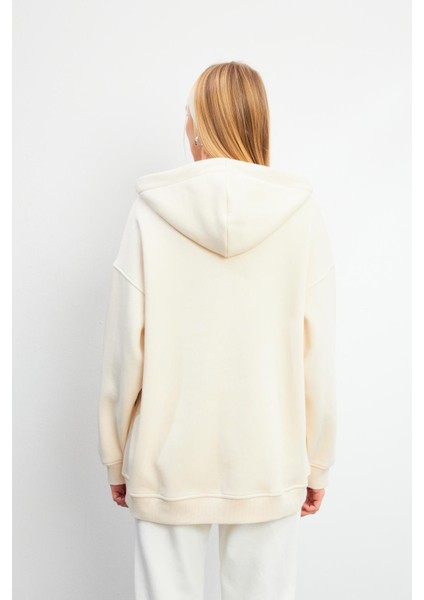 Sallina Kapüşonlu Fermuarlı Oversize Sweatshirt - Kemik fırsatları