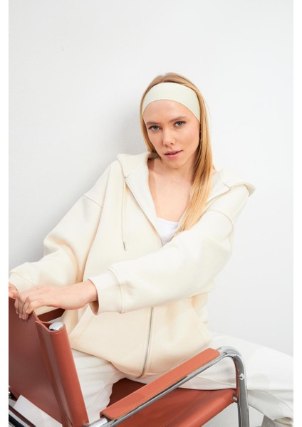 Sallina Kapüşonlu Fermuarlı Oversize Sweatshirt - Kemik indirimleri
