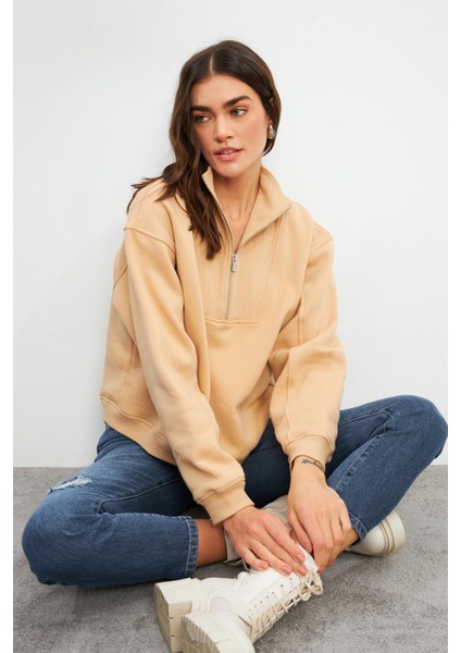 Marina Yarım Fermuarlı Pamuklu Sweatshirt - Bej