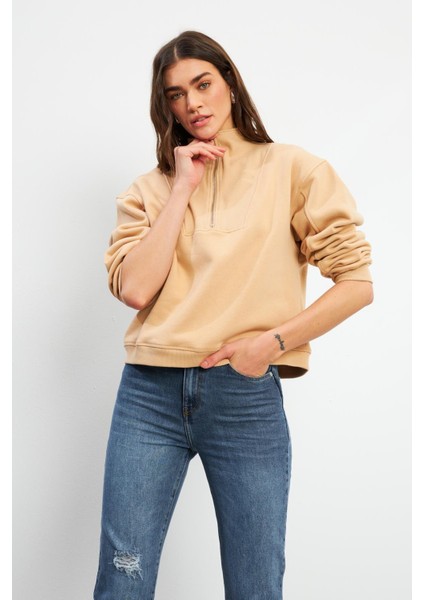 Marina Yarım Fermuarlı Pamuklu Sweatshirt - Bej fiyatları