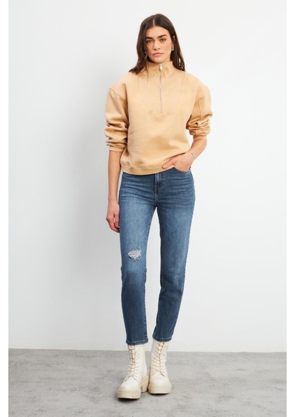 Marina Yarım Fermuarlı Pamuklu Sweatshirt - Bej modelleri