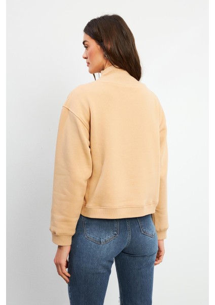 Marina Yarım Fermuarlı Pamuklu Sweatshirt - Bej fırsatları