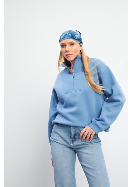 Marina Yarım Fermuarlı Pamuklu Sweatshirt - Mavi