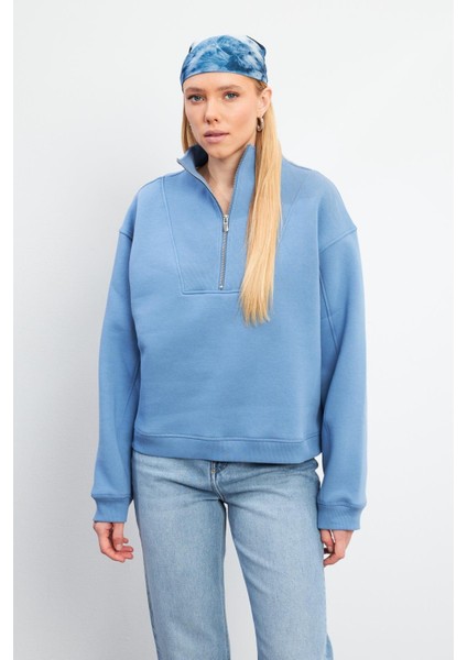 Marina Yarım Fermuarlı Pamuklu Sweatshirt - Mavi modelleri