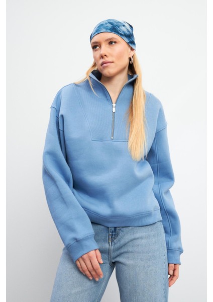 Marina Yarım Fermuarlı Pamuklu Sweatshirt - Mavi indirimleri