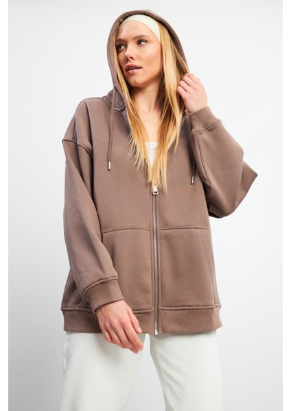 Sallina Kapüşonlu Fermuarlı Oversize Sweatshirt - Vizon