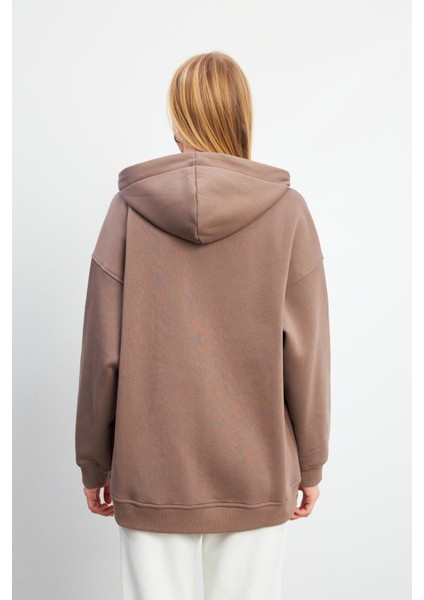Sallina Kapüşonlu Fermuarlı Oversize Sweatshirt - Vizon fiyatları