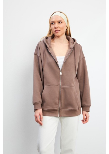 Sallina Kapüşonlu Fermuarlı Oversize Sweatshirt - Vizon modelleri