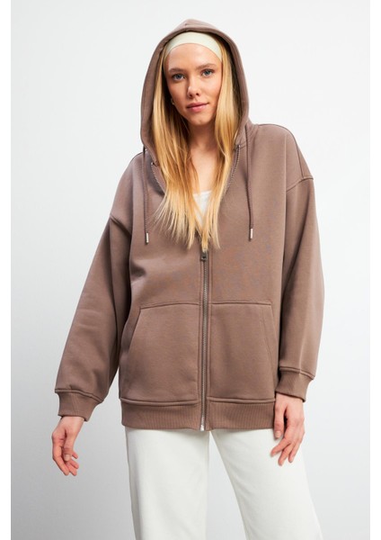 Sallina Kapüşonlu Fermuarlı Oversize Sweatshirt - Vizon fırsatları
