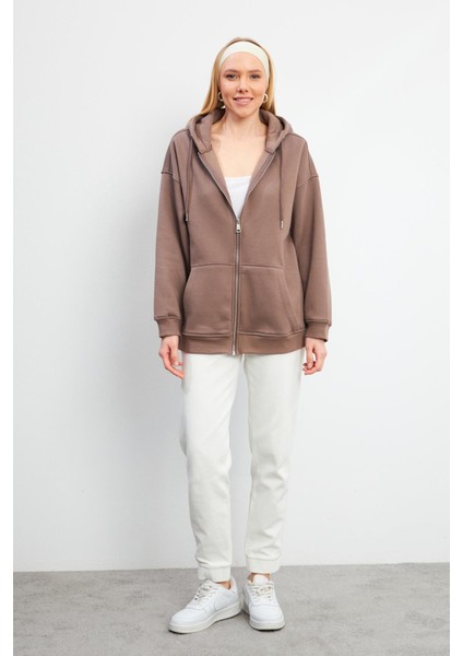 Sallina Kapüşonlu Fermuarlı Oversize Sweatshirt - Vizon indirimleri