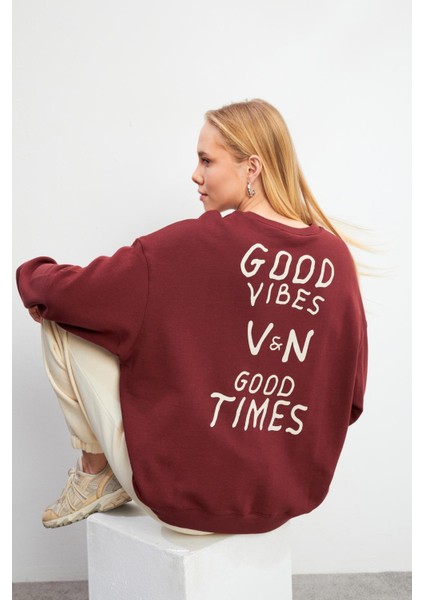 Good Wibes Baskılı Sweatshirt - Kestane