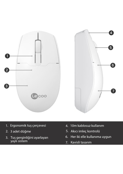 WS204 Kablosuz 1200DPI 3 Tuşlu Optik Mouse Beyaz modelleri
