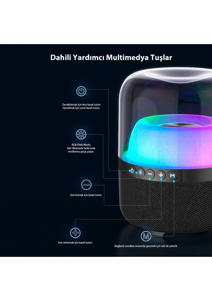 RS19 Kablosuz 10W RGB Aydınlatmalı Bluetooth/USB/AUX/SD Kart Stereo Taşınabilir Hoparlör Siyah