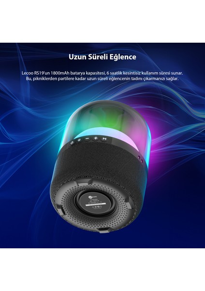 RS19 Kablosuz 10W RGB Aydınlatmalı Bluetooth/USB/AUX/SD Kart Stereo Taşınabilir Hoparlör Siyah