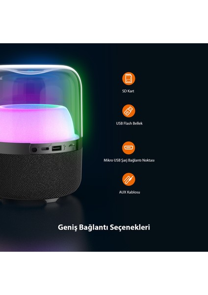 RS19 Kablosuz 10W RGB Aydınlatmalı Bluetooth/USB/AUX/SD Kart Stereo Taşınabilir Hoparlör Siyah