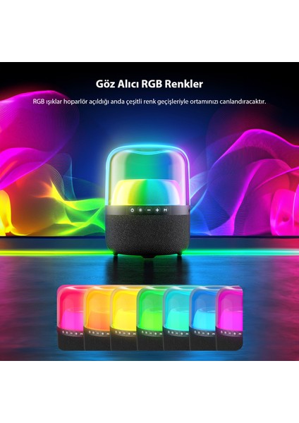 RS19 Kablosuz 10W RGB Aydınlatmalı Bluetooth/USB/AUX/SD Kart Stereo Taşınabilir Hoparlör Siyah