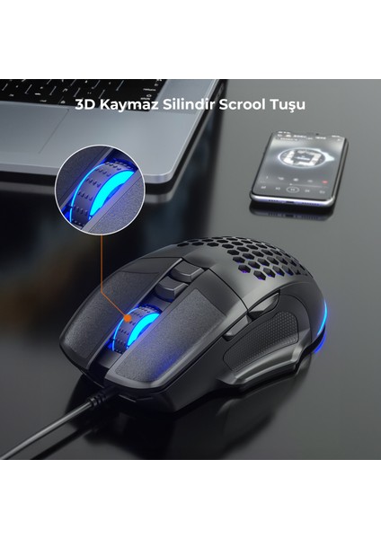 MS107 Kablolu 3200DPI 7 Tuşlu RGB LED Aydınlatmalı Gaming Optik Mouse Siyah