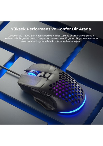 MS107 Kablolu 3200DPI 7 Tuşlu RGB LED Aydınlatmalı Gaming Optik Mouse Siyah