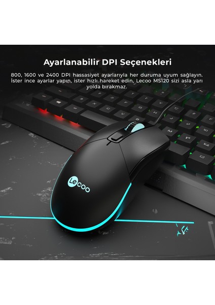 MS120 USB Kablolu 2400DPI 4 Tuşlu RGB LED Aydınlatmalı Optik Gaming Optik Mouse Siyah fırsatları