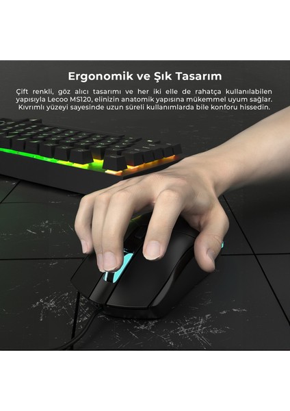 MS120 USB Kablolu 2400DPI 4 Tuşlu RGB LED Aydınlatmalı Optik Gaming Optik Mouse Siyah indirimleri