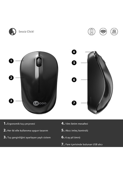 WS206 Kablosuz 1200DPI 3 Tuşlu Optik Mouse Siyah