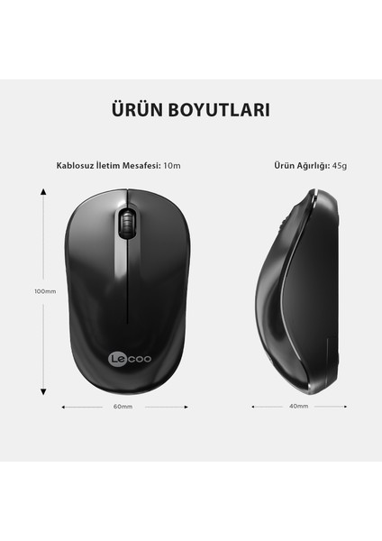 WS206 Kablosuz 1200DPI 3 Tuşlu Optik Mouse Siyah