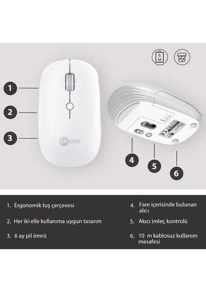WS211 Dual Mod 2.4GHz WiFi + Bluetooth 1600DPI 6 Tuşlu Şarjlı Sessiz Kompakt Kablosuz Optik Mouse Beyaz