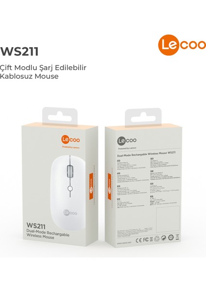 WS211 Dual Mod 2.4GHz WiFi + Bluetooth 1600DPI 6 Tuşlu Şarjlı Sessiz Kompakt Kablosuz Optik Mouse Beyaz