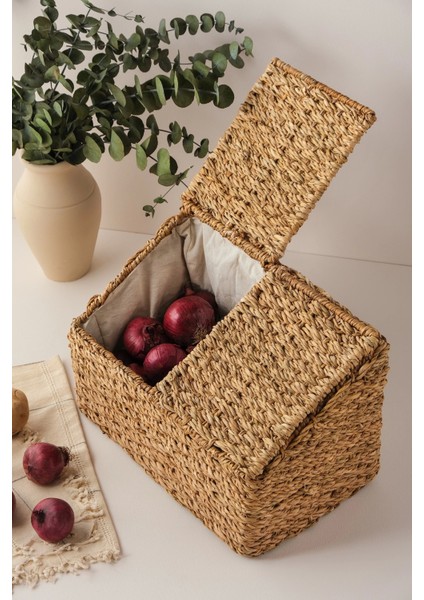 Fabien - 2 Bölmeli Iç Korumalı Hasır Kapaklı Çok Amaçlı Patates ve Soğan Sepeti