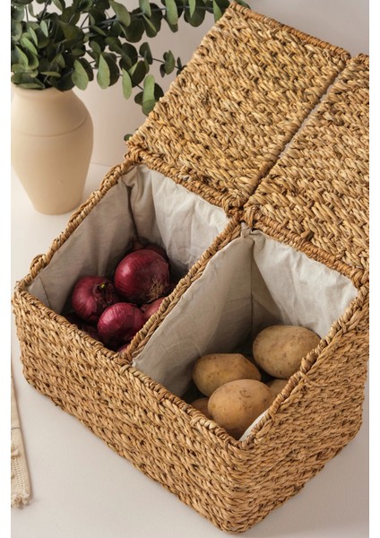 Fabien - 2 Bölmeli Iç Korumalı Hasır Kapaklı Çok Amaçlı Patates ve Soğan Sepeti fiyatları