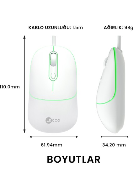 MS110 USB Kablolu 2400DPI 4 Tuşlu RGB Sessiz Click PC, Mac, Dizüstü Bilgisayar ile Uyumlu Optik Mouse Beyaz