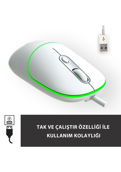 MS110 USB Kablolu 2400DPI 4 Tuşlu RGB Sessiz Click PC, Mac, Dizüstü Bilgisayar ile Uyumlu Optik Mouse Beyaz