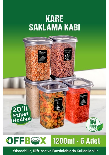 6 Lı 12 Parça 1,2 Litre Kare Erzak Saklama Kutusu Takımı 20 Etiketli Baharatlık