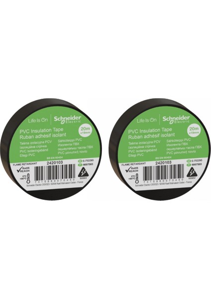 Siyah İzole Elektrik Bandı 19 mm x 20 Metre -2 Adet