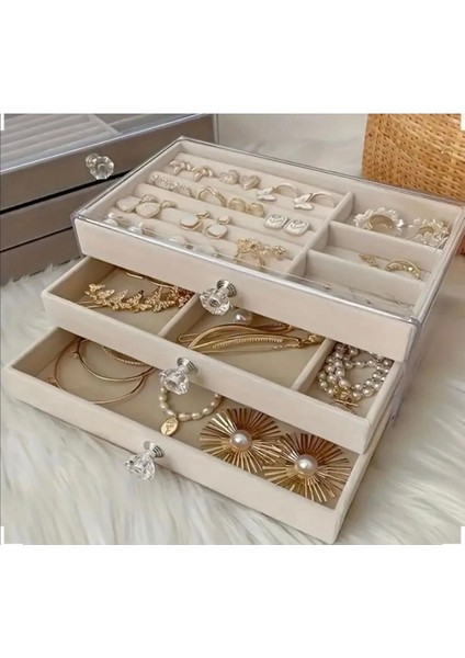 Modern 3 Çekmeceli Takı Bijuteri Mücevher Kutusu Organizeri Düzenleyici 13x23x11 cm Bej