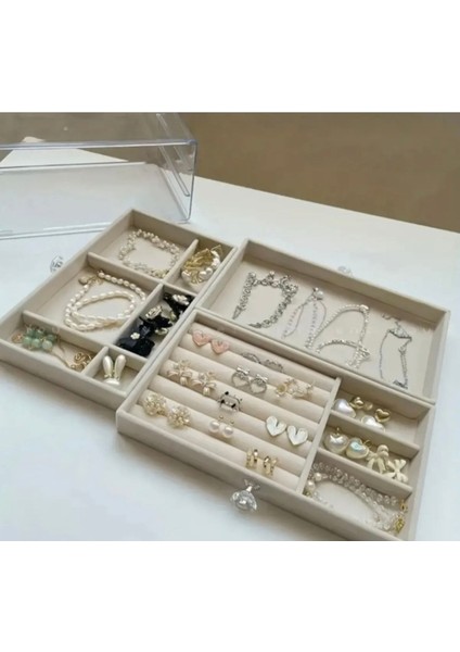 Modern 3 Çekmeceli Takı Bijuteri Mücevher Kutusu Organizeri Düzenleyici 13x23x11 cm Bej