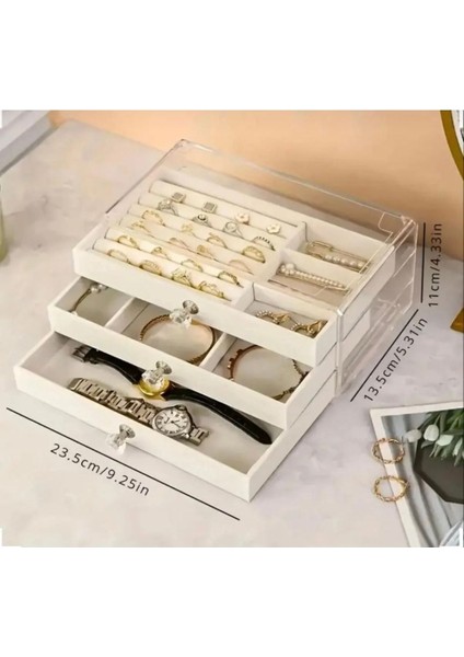 Modern 3 Çekmeceli Takı Bijuteri Mücevher Kutusu Organizeri Düzenleyici 13x23x11 cm Bej