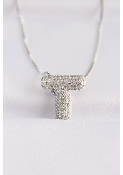 316L Çelik Zincirli Zirkon Taşlı T Harfli Silver Renk Bubble Kolye - TJ-BKO8586