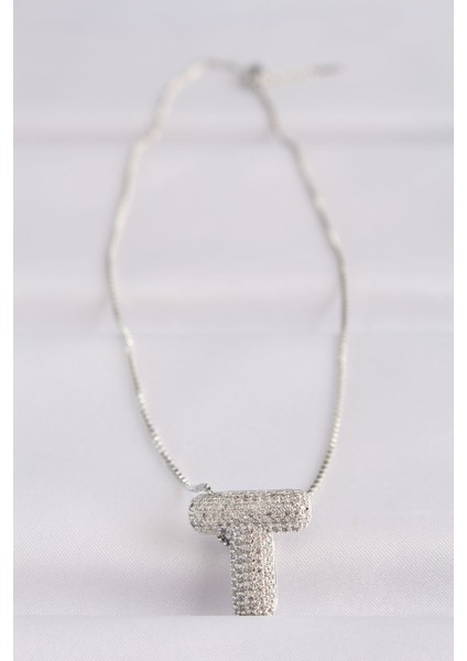 316L Çelik Zincirli Zirkon Taşlı T Harfli Silver Renk Bubble Kolye - TJ-BKO8586