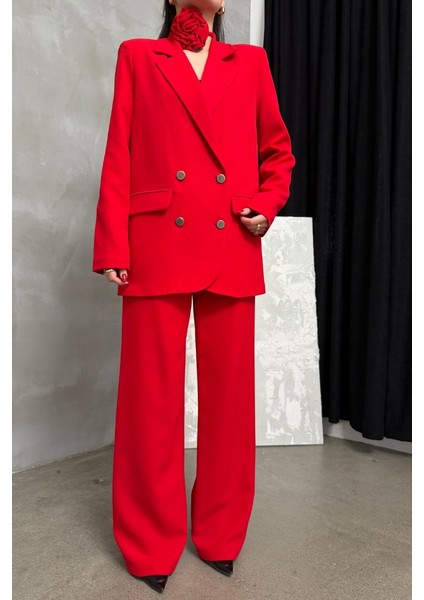 Kadın Ikili Blazer Ceket Pantolon Takım Aksesuar ve Düğme Detaylı Bol Paça modelleri
